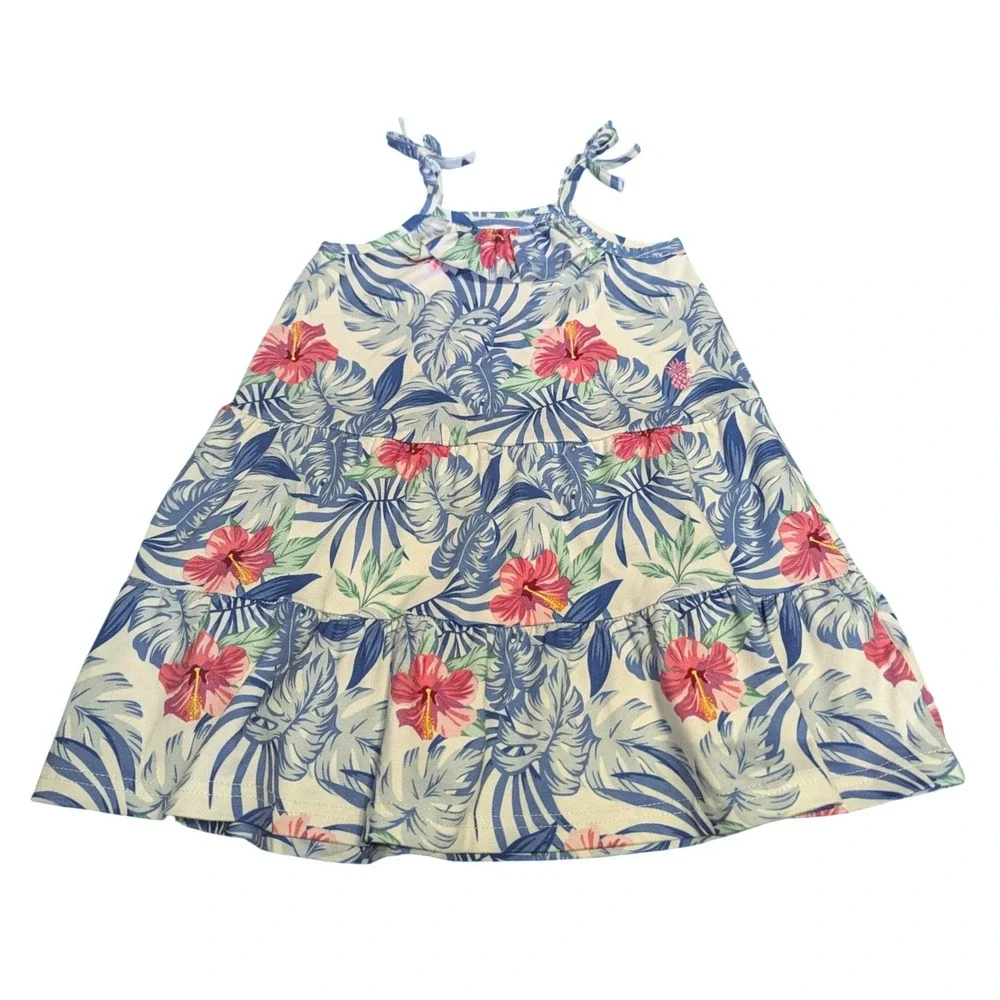 Tommy Bahama Girls 2T Tropical Hibiscus Palm Tiered Tie Shoulder Sundress Blue